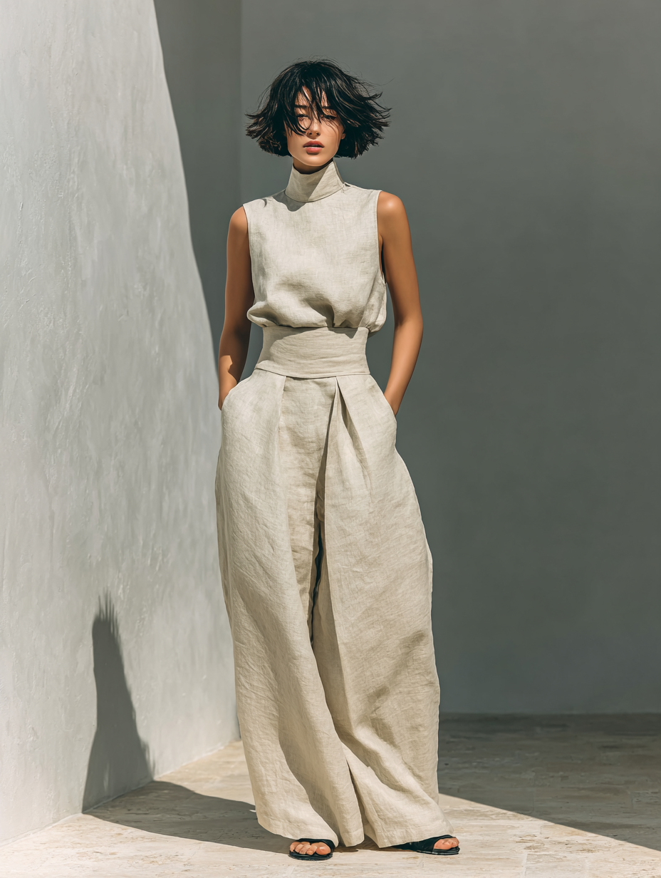 Marta - Conjunto de Mujer con Camiseta sin Mangas y Pantalones anchos de algodón y lino, de estilo minimalista