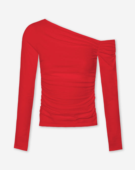 TAMARA-TOP ROJO CON HOMBROS DESCUBIERTOS Y FRUNCIDOS