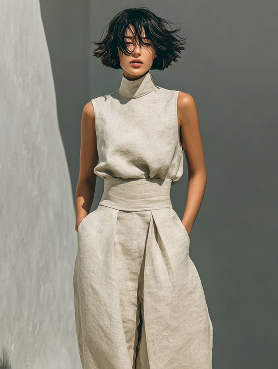 Marta - Conjunto de Mujer con Camiseta sin Mangas y Pantalones anchos de algodón y lino, de estilo minimalista