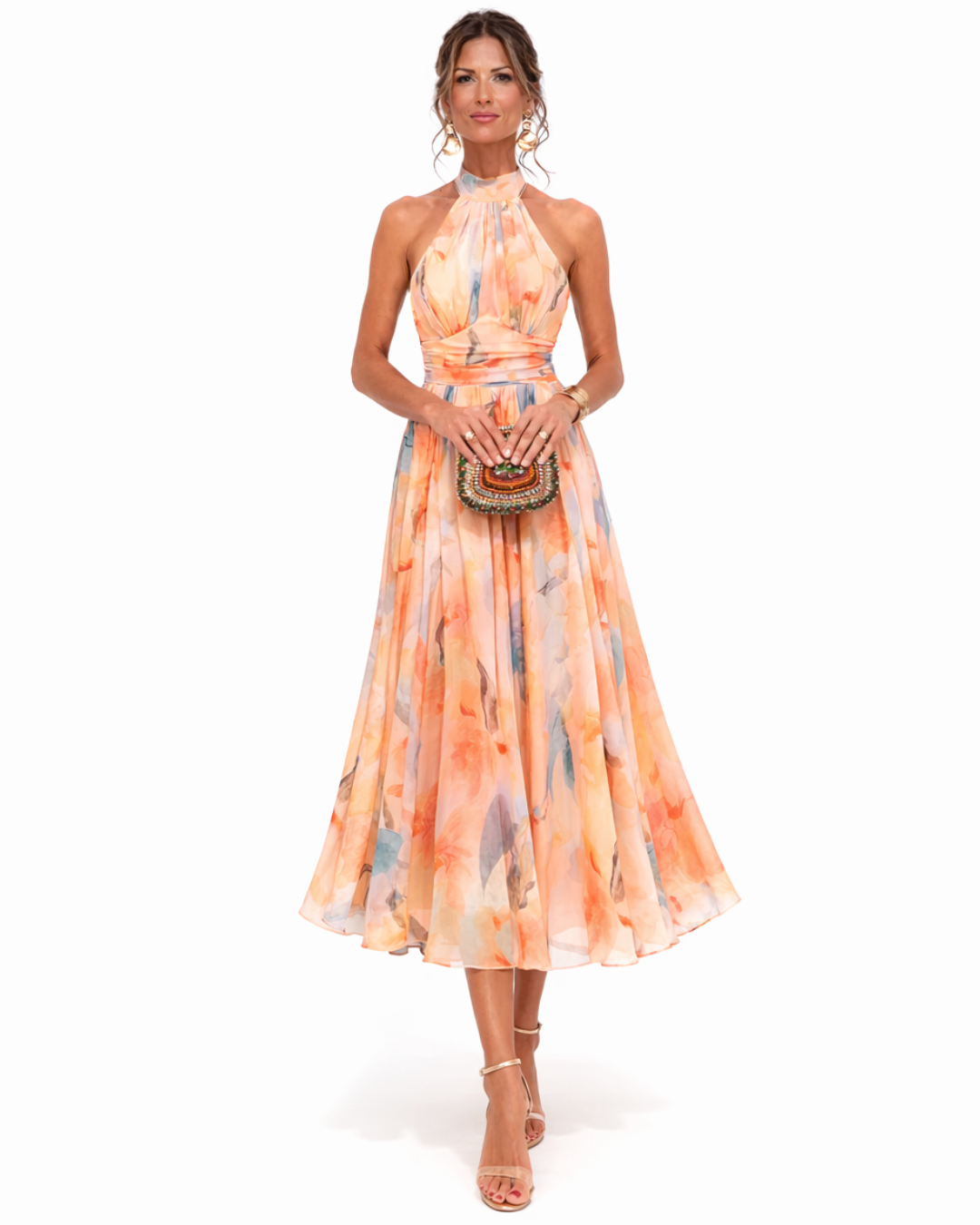 Lourdes - Vestido con Cuello Halter y Estampado de Acuarela