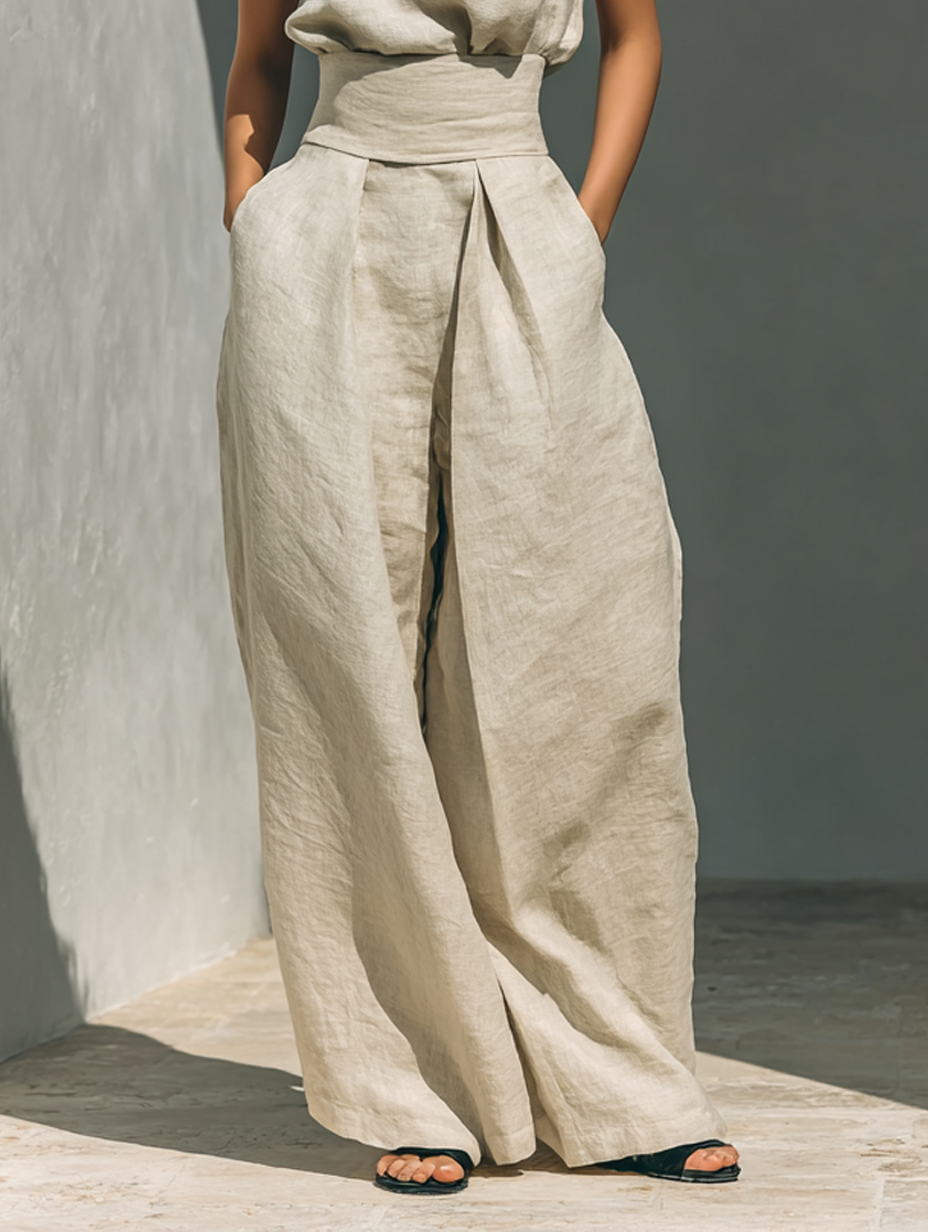 Marta - Conjunto de Mujer con Camiseta sin Mangas y Pantalones anchos de algodón y lino, de estilo minimalista