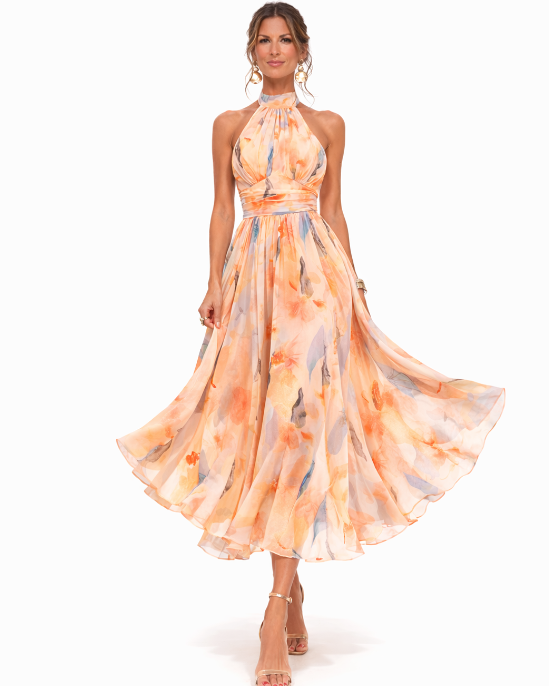 Lourdes - Vestido con Cuello Halter y Estampado de Acuarela