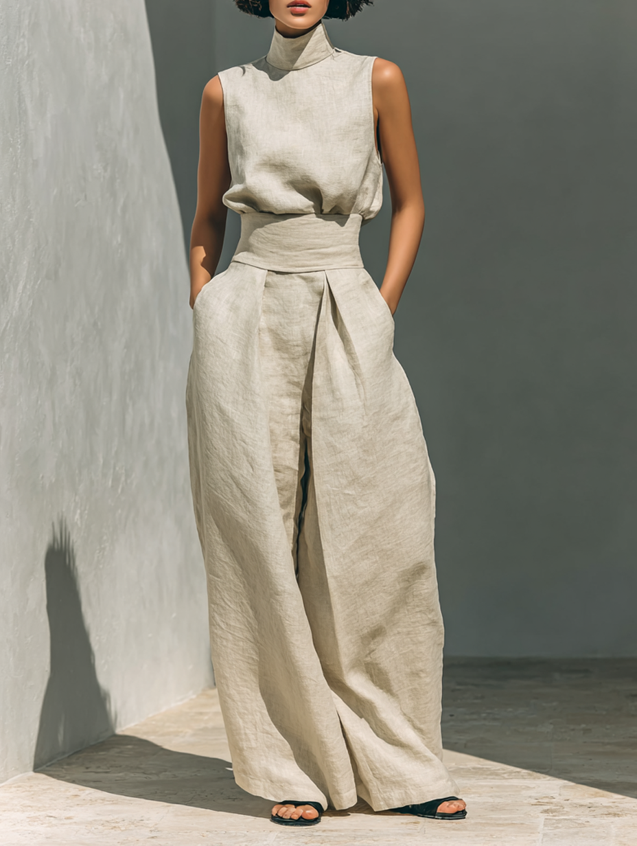 Marta - Conjunto de Mujer con Camiseta sin Mangas y Pantalones anchos de algodón y lino, de estilo minimalista