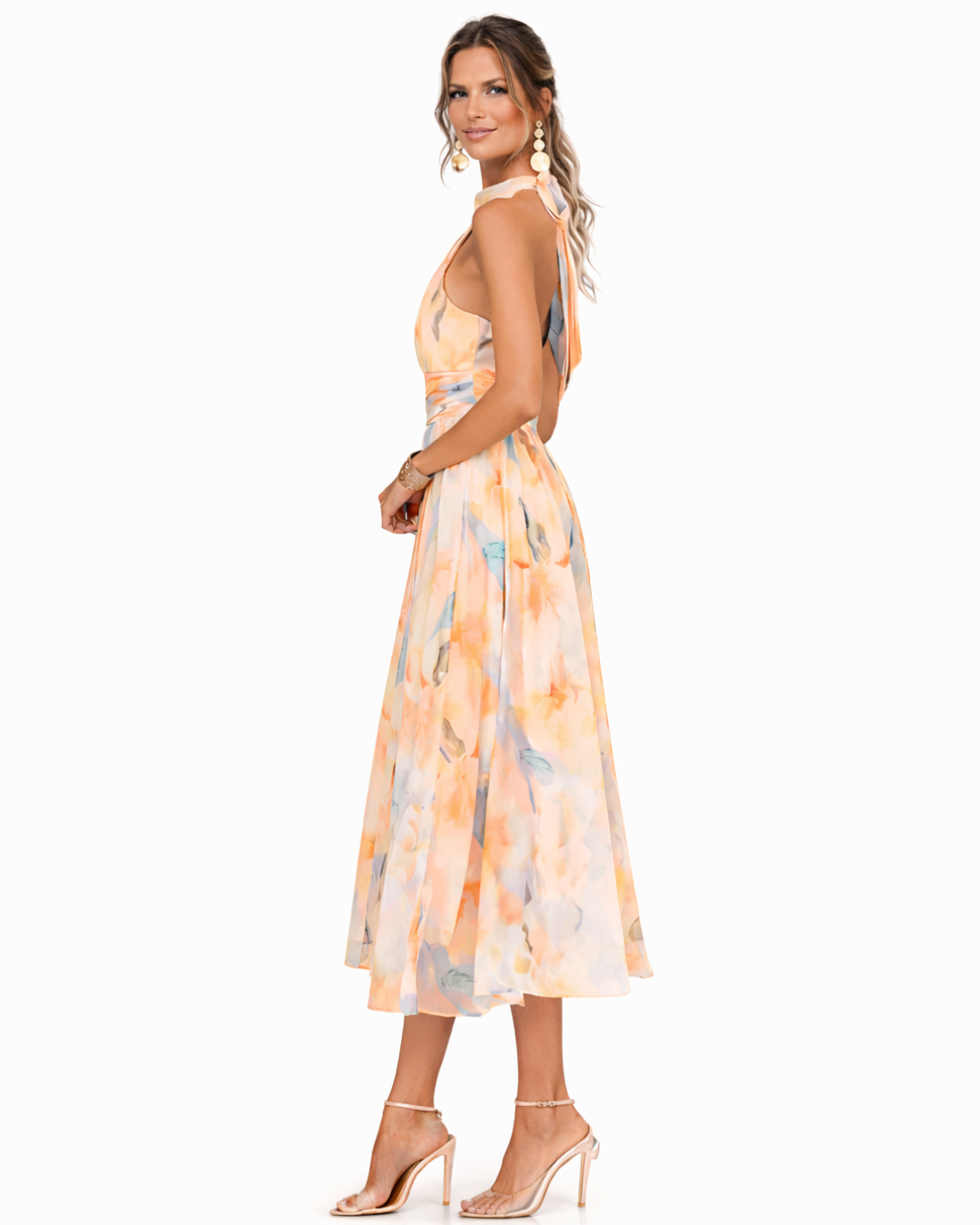 Lourdes - Vestido con Cuello Halter y Estampado de Acuarela