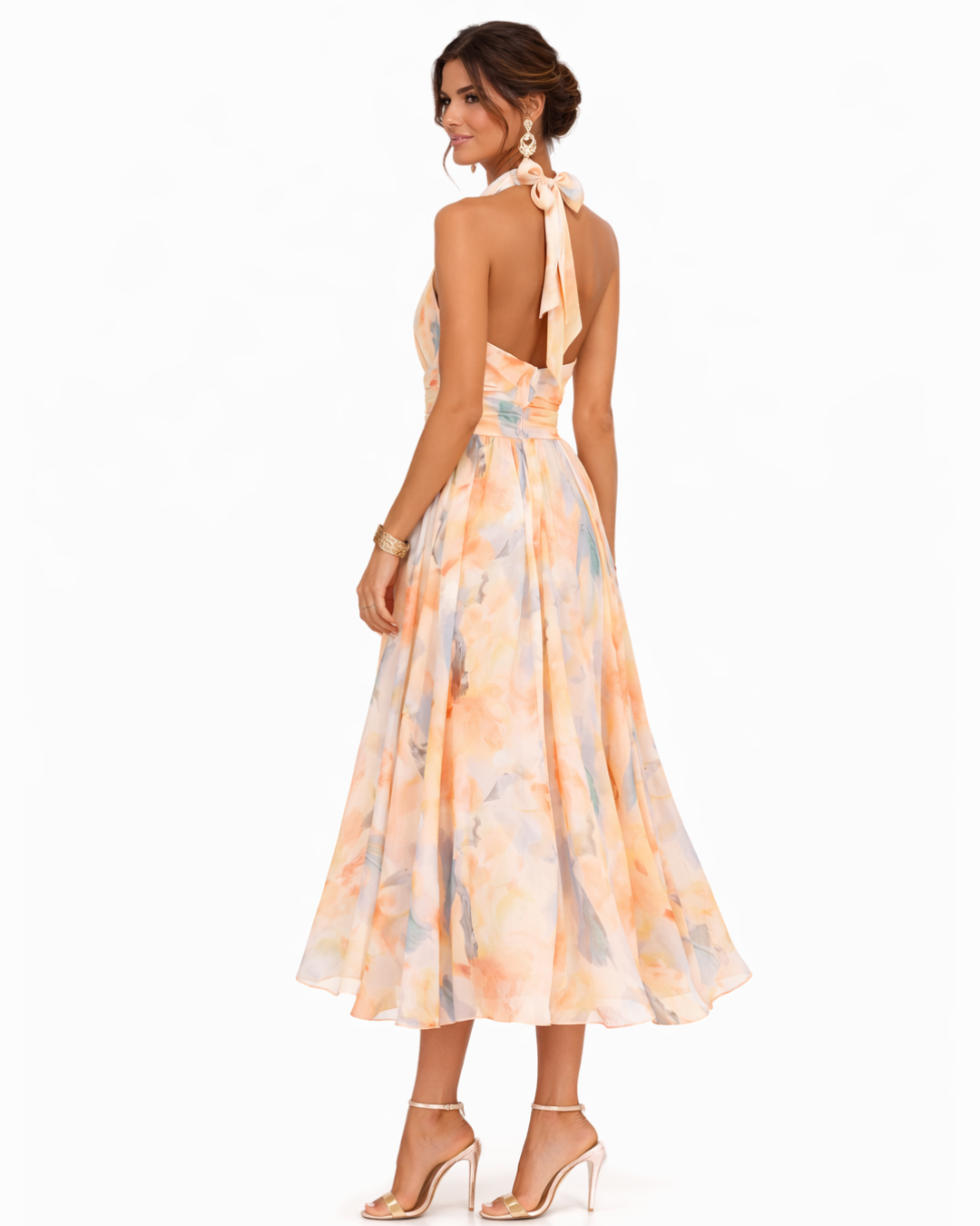 Lourdes - Vestido con Cuello Halter y Estampado de Acuarela