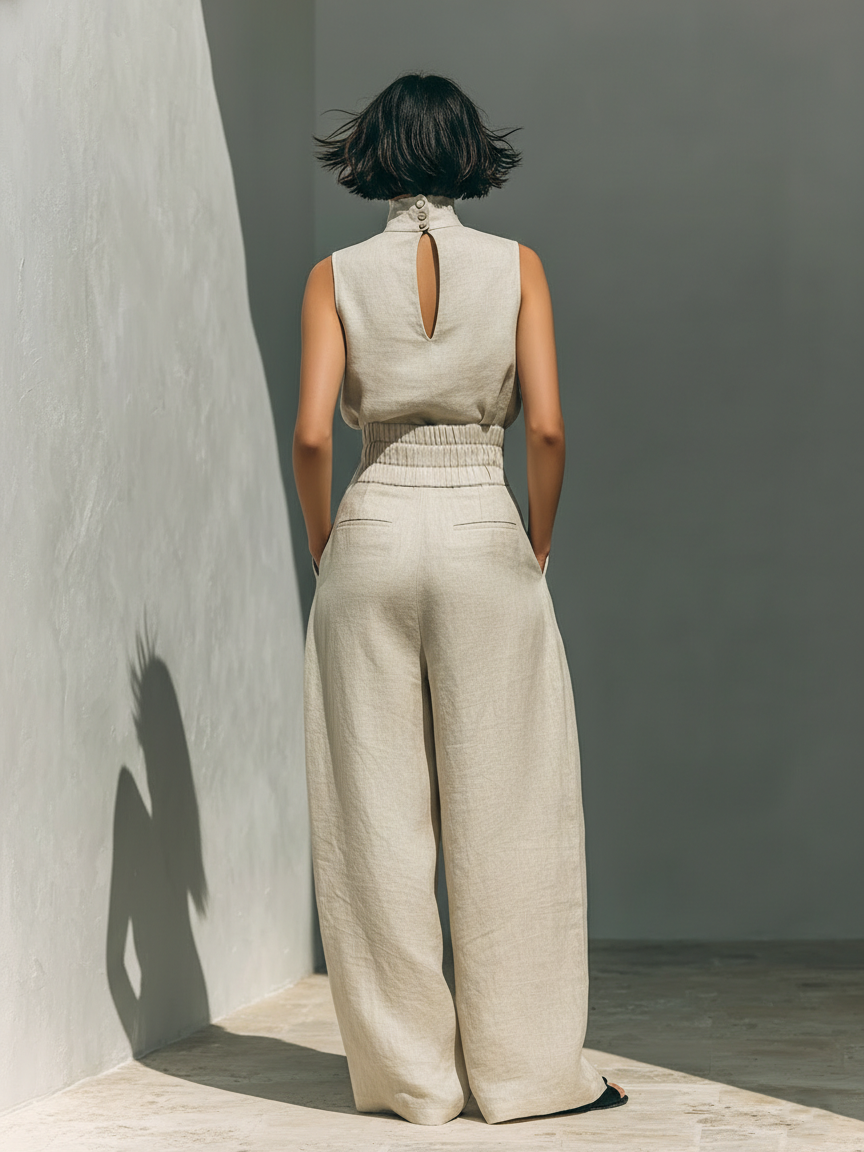 Marta - Conjunto de Mujer con Camiseta sin Mangas y Pantalones anchos de algodón y lino, de estilo minimalista
