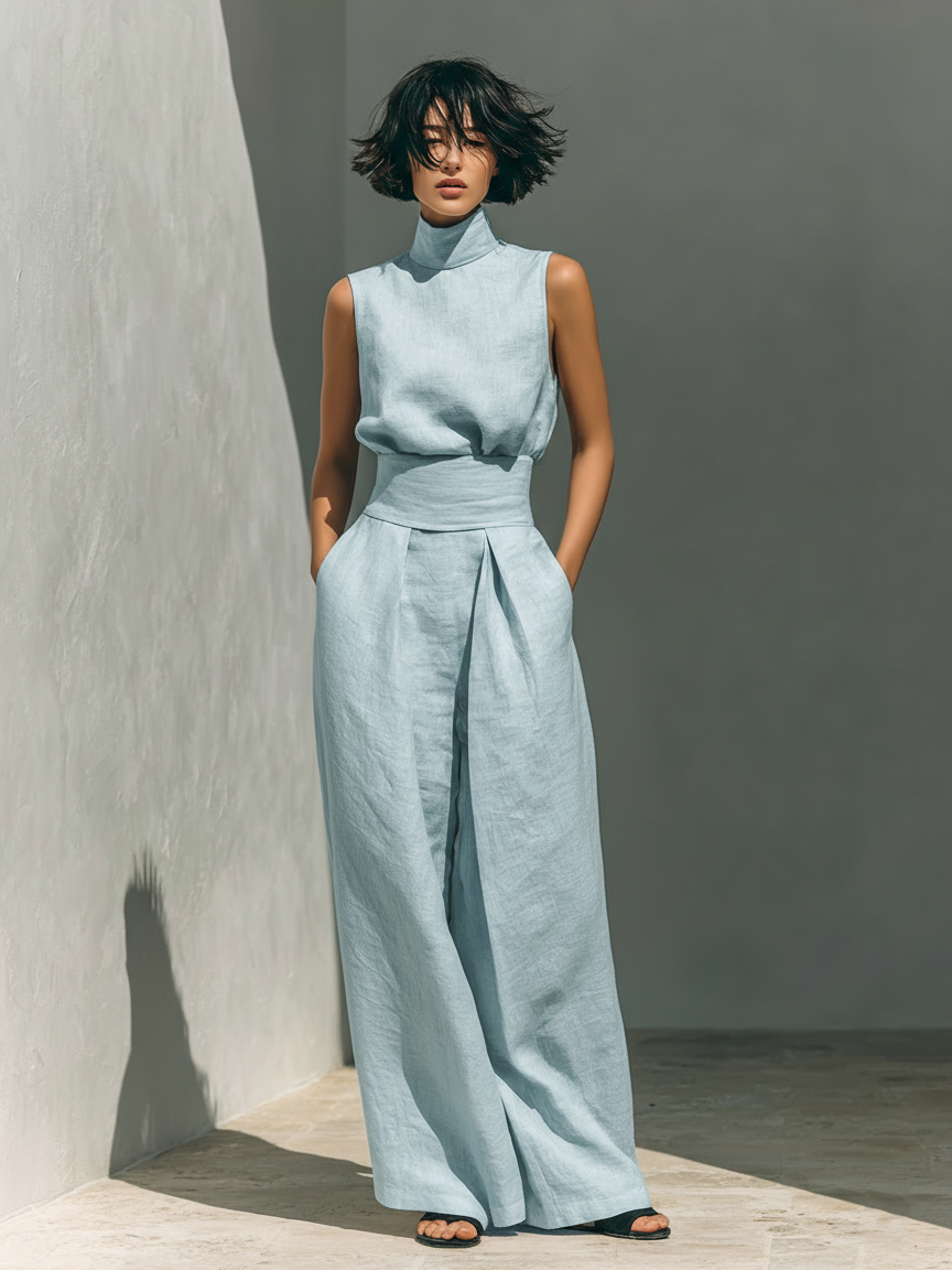 Marta - Conjunto de Mujer con Camiseta sin Mangas y Pantalones anchos de algodón y lino, de estilo minimalista