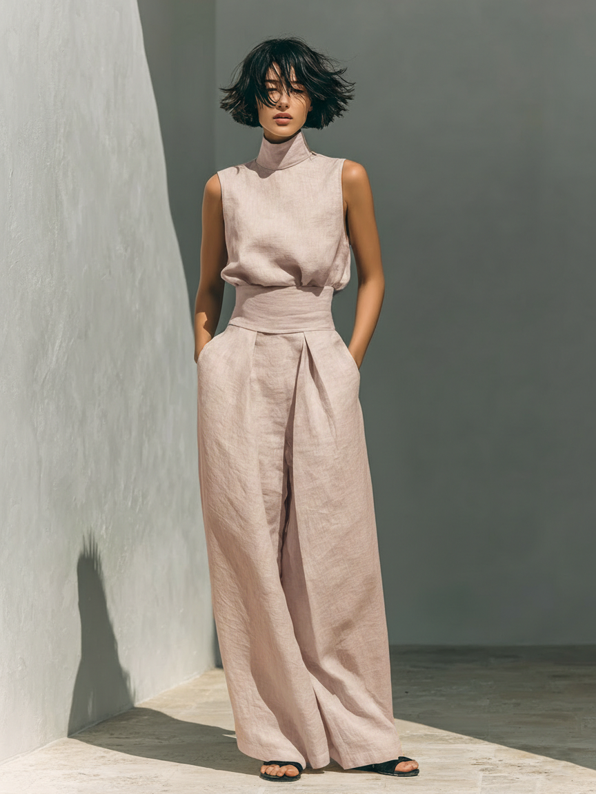 Marta - Conjunto de Mujer con Camiseta sin Mangas y Pantalones anchos de algodón y lino, de estilo minimalista