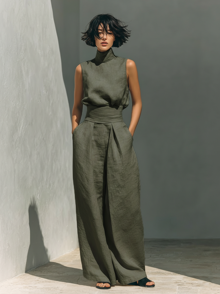 Marta - Conjunto de Mujer con Camiseta sin Mangas y Pantalones anchos de algodón y lino, de estilo minimalista