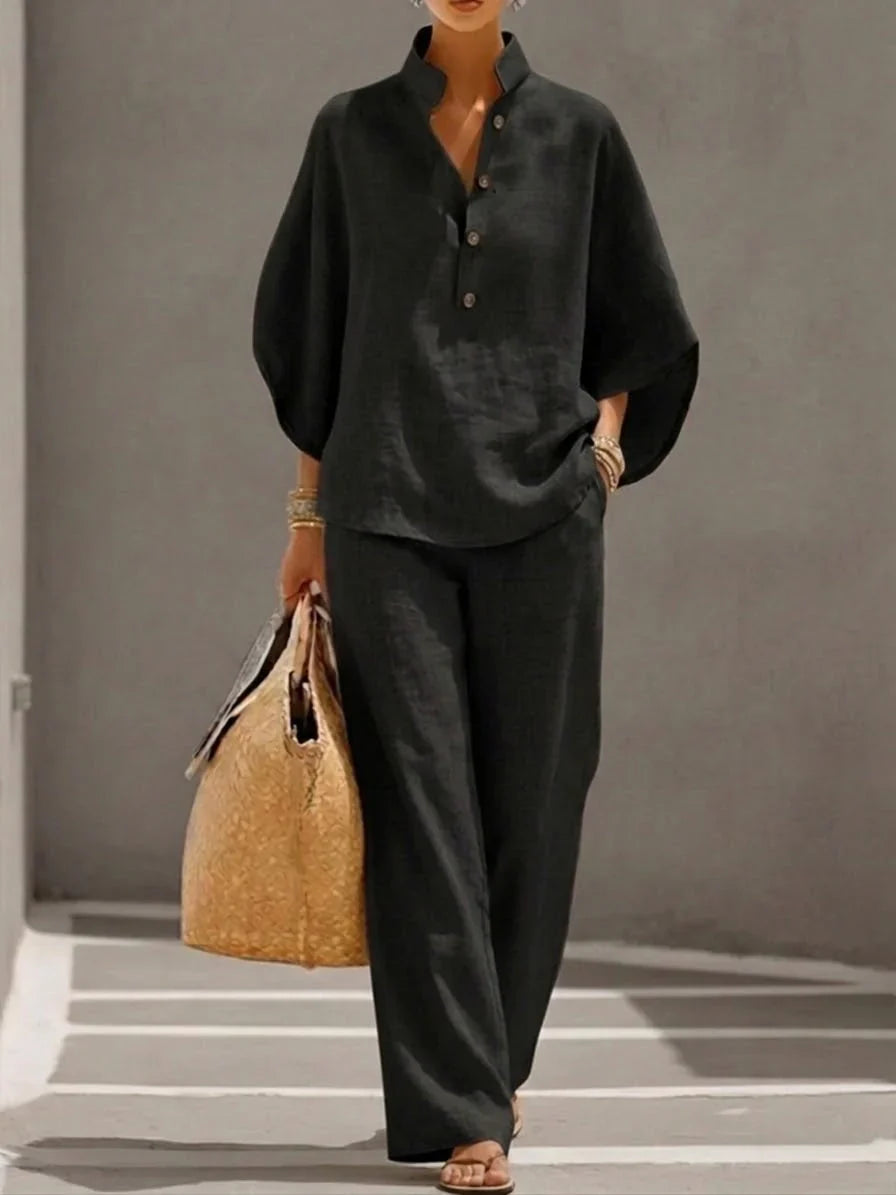 Melisa | Conjunto de Lino con Mangas Murciélago y Pantalón Ancho