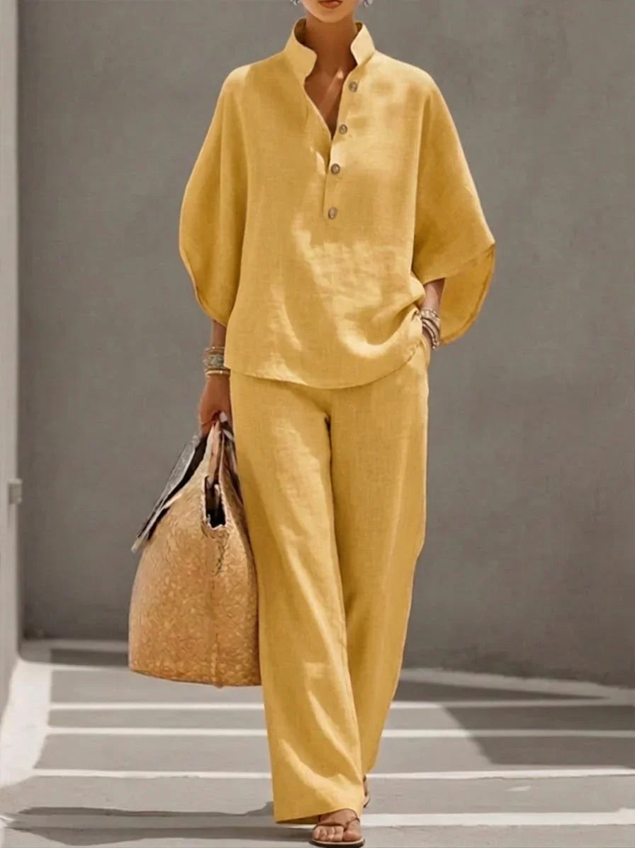 Melisa | Conjunto de Lino con Mangas Murciélago y Pantalón Ancho