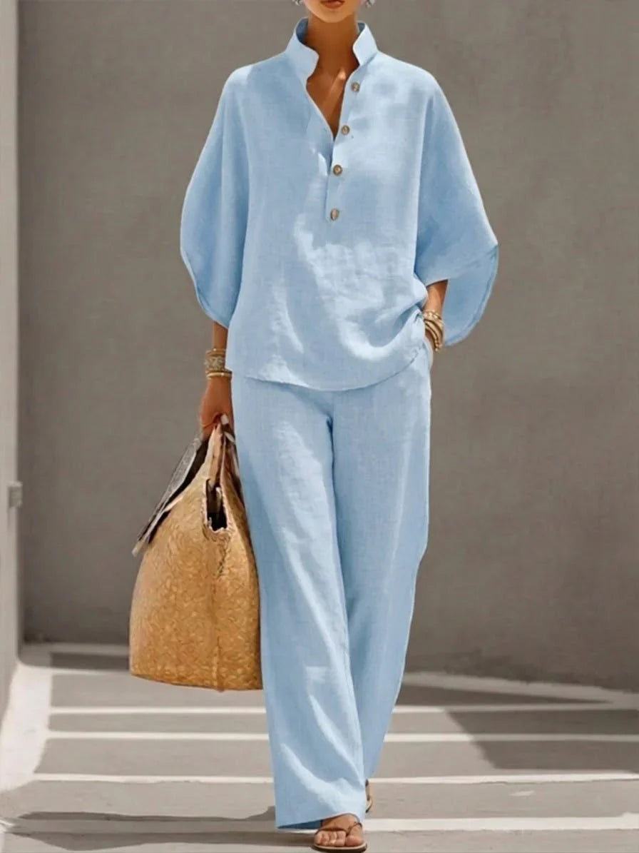 Melisa | Conjunto de Lino con Mangas Murciélago y Pantalón Ancho