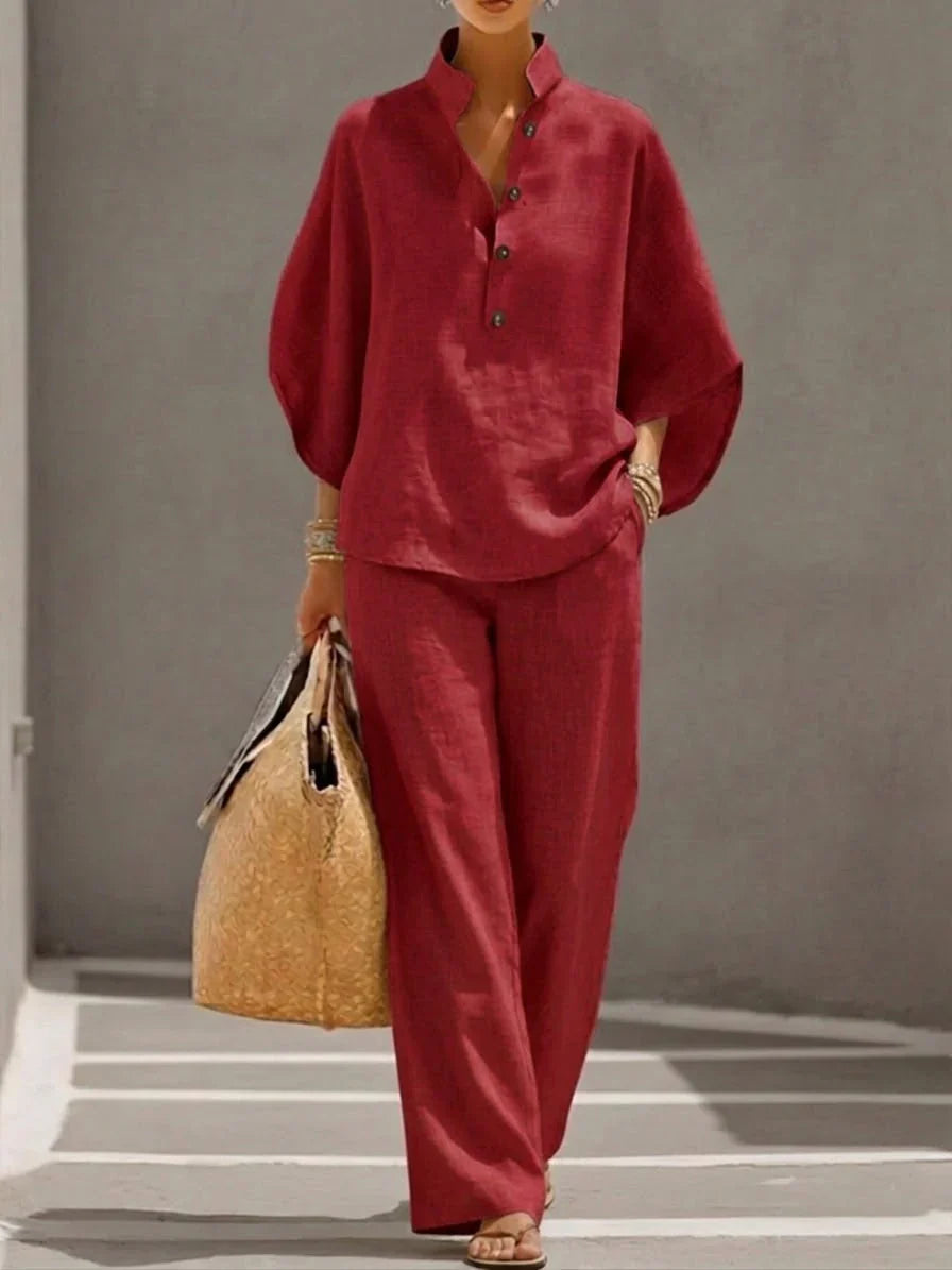 Melisa | Conjunto de Lino con Mangas Murciélago y Pantalón Ancho