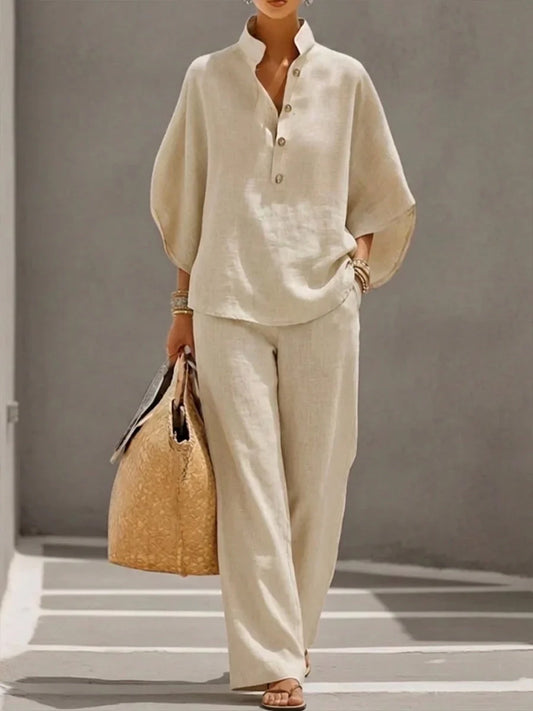 Melisa | Conjunto de Lino con Mangas Murciélago y Pantalón Ancho