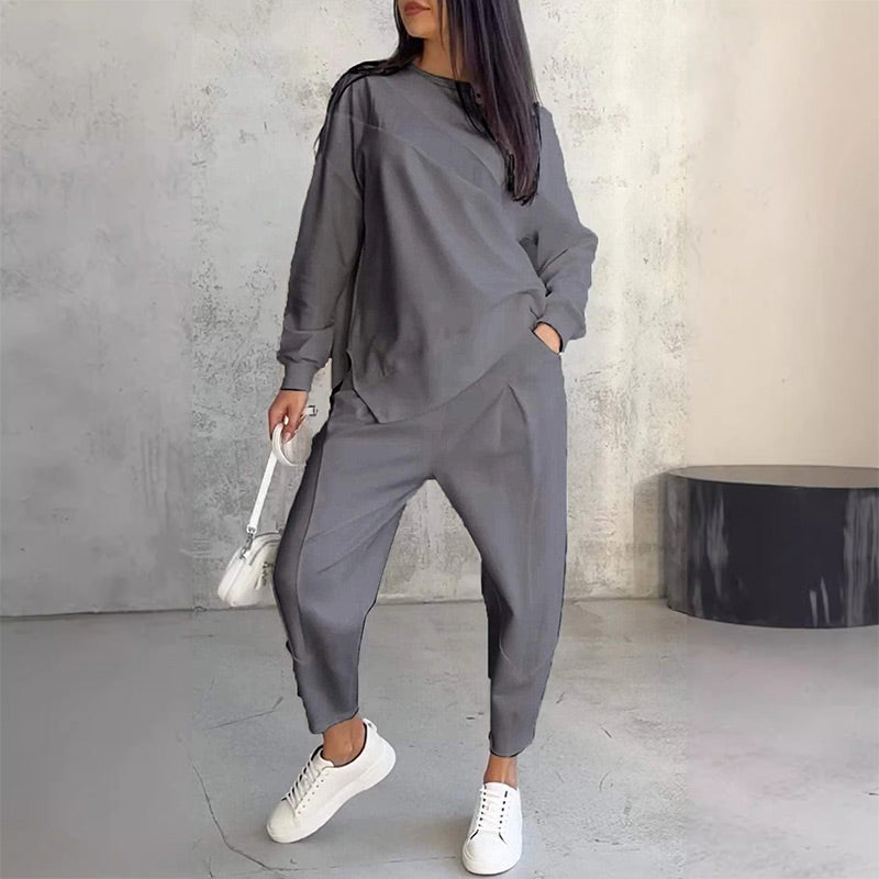 Conjunto Maria: Sudadera de Manga Larga con Bajo Asimétrico y Pantalones