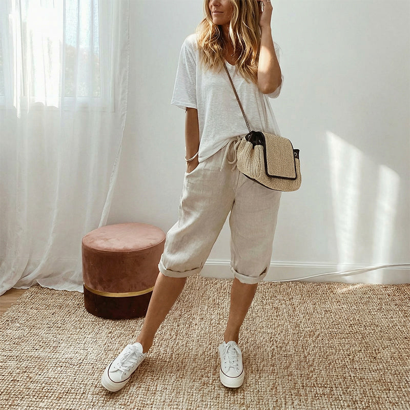 NATALIA | Pantalones Capri Informales de Algodón y Lino para Mujer